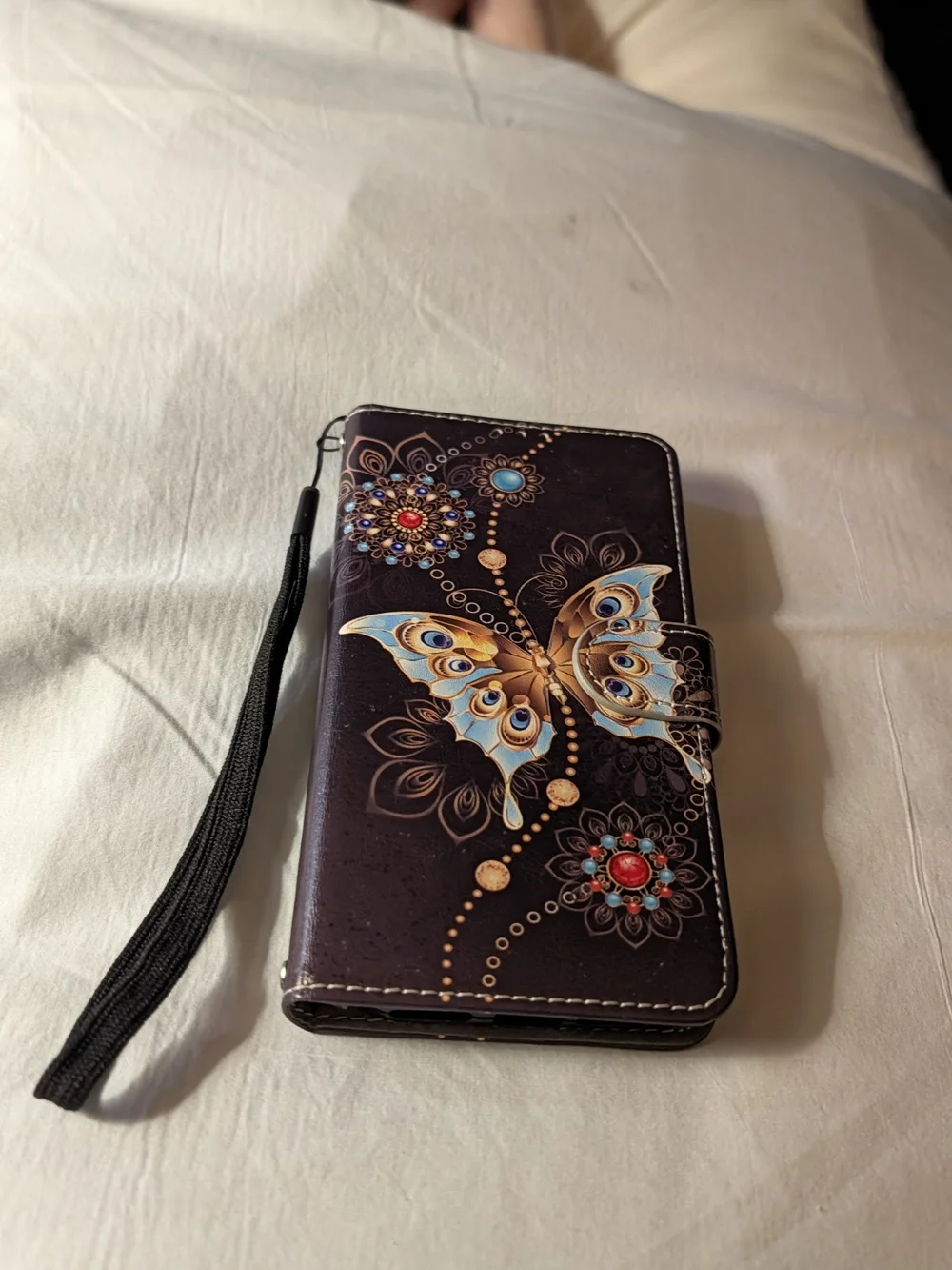 Purple Butterfly Wallet Phone Case with Wrist Strap